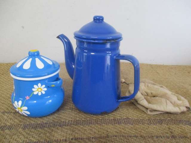 Appealing Vintage Old School Enamel Coffee Pot With Linen Coffee Filter Bag And Sugar Bowl
