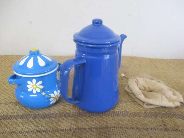 Appealing Vintage Old School Enamel Coffee Pot With Linen Coffee Filter Bag And Sugar Bowl