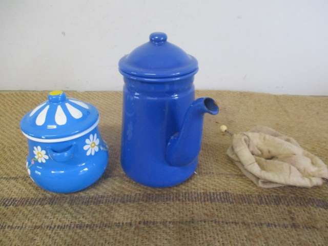 Appealing Vintage Old School Enamel Coffee Pot With Linen Coffee Filter Bag And Sugar Bowl