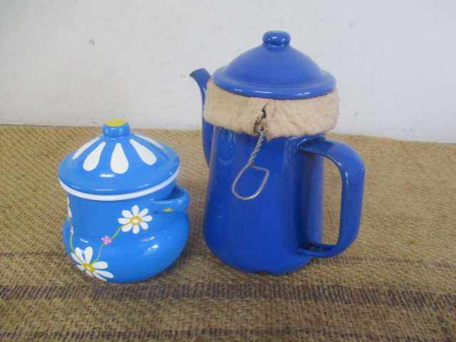 Appealing Vintage Old School Enamel Coffee Pot With Linen Coffee Filter Bag And Sugar Bowl