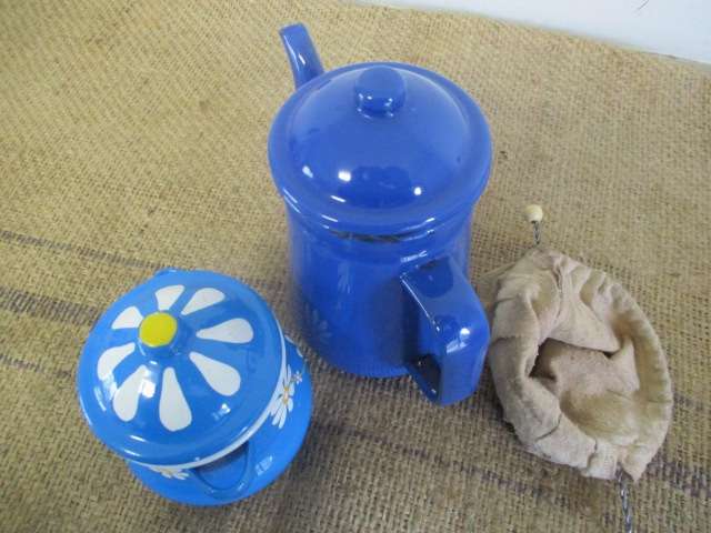 Appealing Vintage Old School Enamel Coffee Pot With Linen Coffee Filter Bag And Sugar Bowl