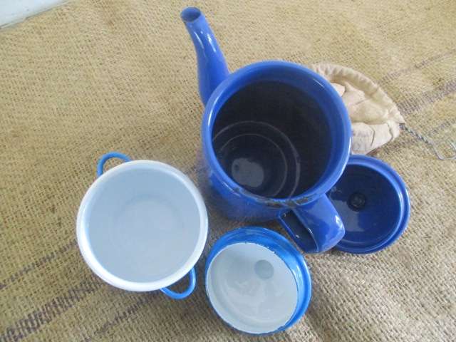 Appealing Vintage Old School Enamel Coffee Pot With Linen Coffee Filter Bag And Sugar Bowl