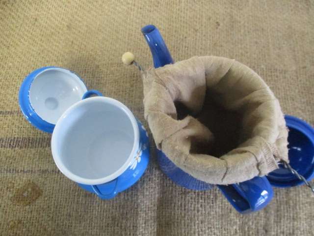 Appealing Vintage Old School Enamel Coffee Pot With Linen Coffee Filter Bag And Sugar Bowl
