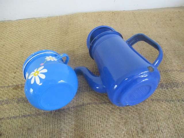 Appealing Vintage Old School Enamel Coffee Pot With Linen Coffee Filter Bag And Sugar Bowl