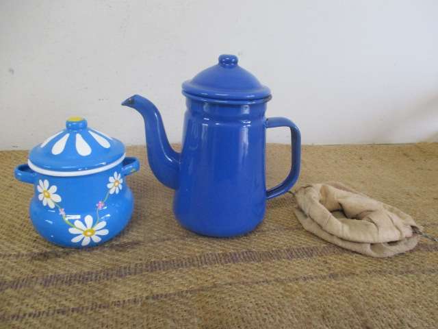 Appealing Vintage Old School Enamel Coffee Pot With Linen Coffee Filter Bag And Sugar Bowl