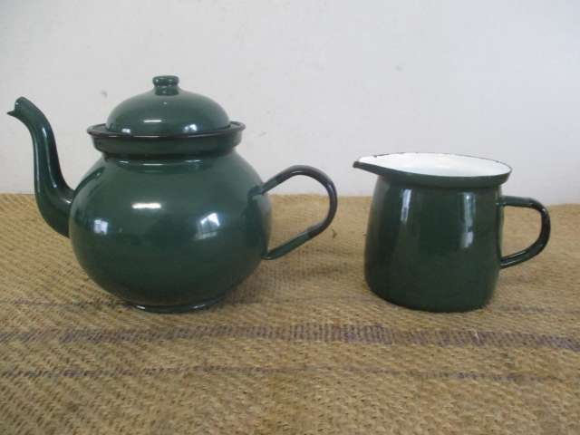 Wonderful Sizable Vintage Old Fashioned Enamel "Made In Poland" Tea Pot And Milk Jar