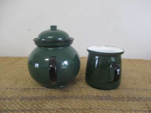 Wonderful Sizable Vintage Old Fashioned Enamel "Made In Poland" Tea Pot And Milk Jar