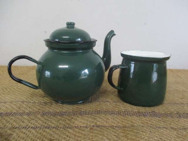 Wonderful Sizable Vintage Old Fashioned Enamel "Made In Poland" Tea Pot And Milk Jar