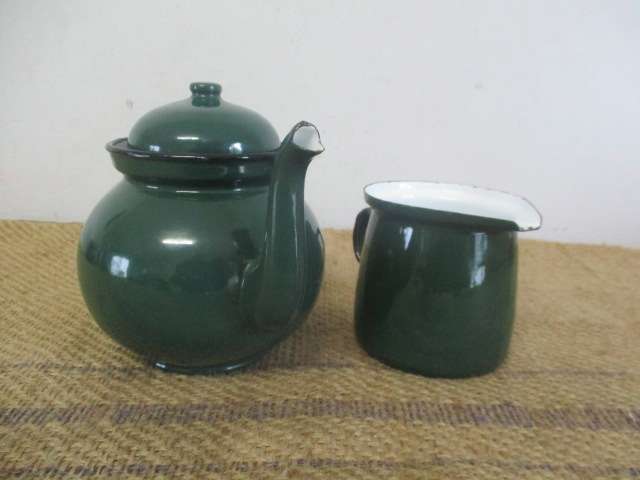 Wonderful Sizable Vintage Old Fashioned Enamel "Made In Poland" Tea Pot And Milk Jar