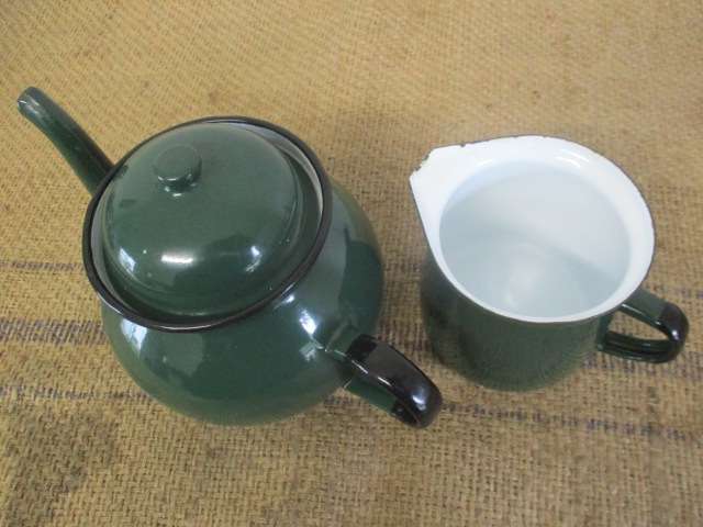 Wonderful Sizable Vintage Old Fashioned Enamel "Made In Poland" Tea Pot And Milk Jar