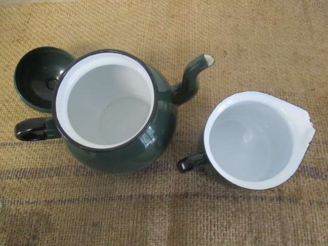 Wonderful Sizable Vintage Old Fashioned Enamel "Made In Poland" Tea Pot And Milk Jar