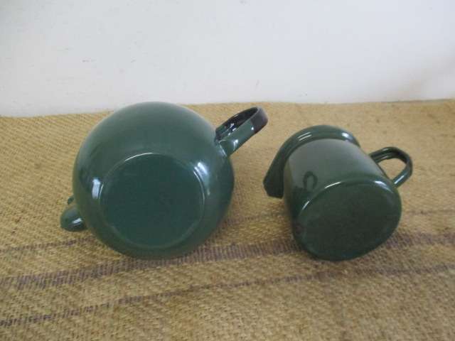 Wonderful Sizable Vintage Old Fashioned Enamel "Made In Poland" Tea Pot And Milk Jar
