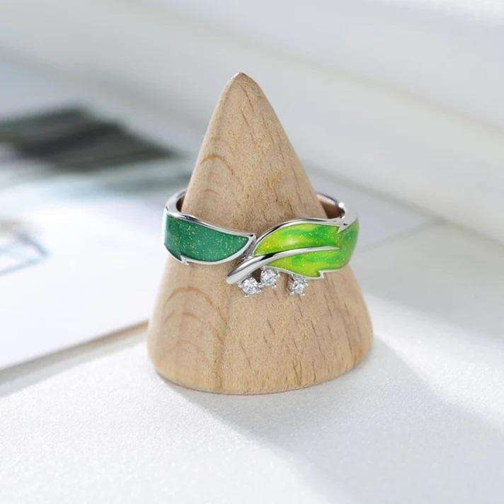 S925 Sterling Silver Leaf Ring Enamel Painted- Size 8 (P)