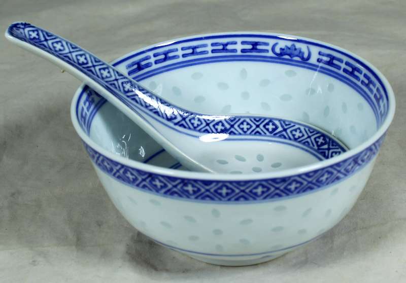 Chinese blue & white rice bowl with spoon