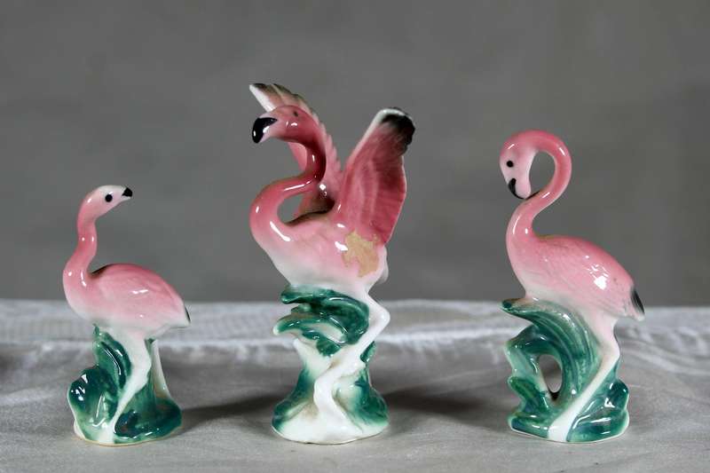 Miniature trio of porcelain flamingo's