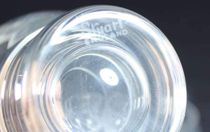 Set of five ribbed Stuart crystal aperitif glasses