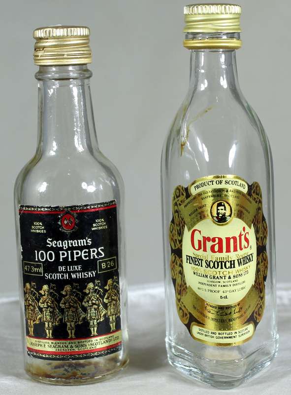 Mini liquor bottle - Empty - Pair of  Grants & 100 Pipers bottles