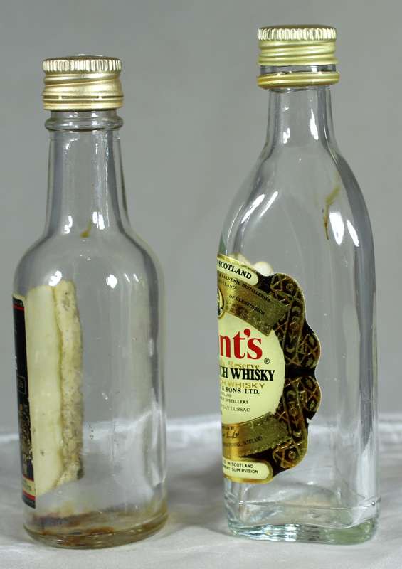 Mini liquor bottle - Empty - Pair of  Grants & 100 Pipers bottles