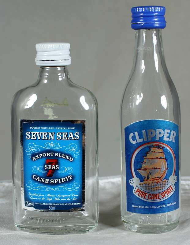 Mini liquor bottle - Empty - Pair of  Seven Seas & Clipper Cane bottles