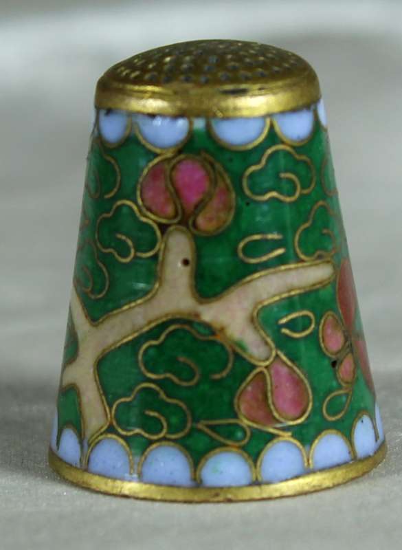 Cloisonne thimble - green with brown flowers