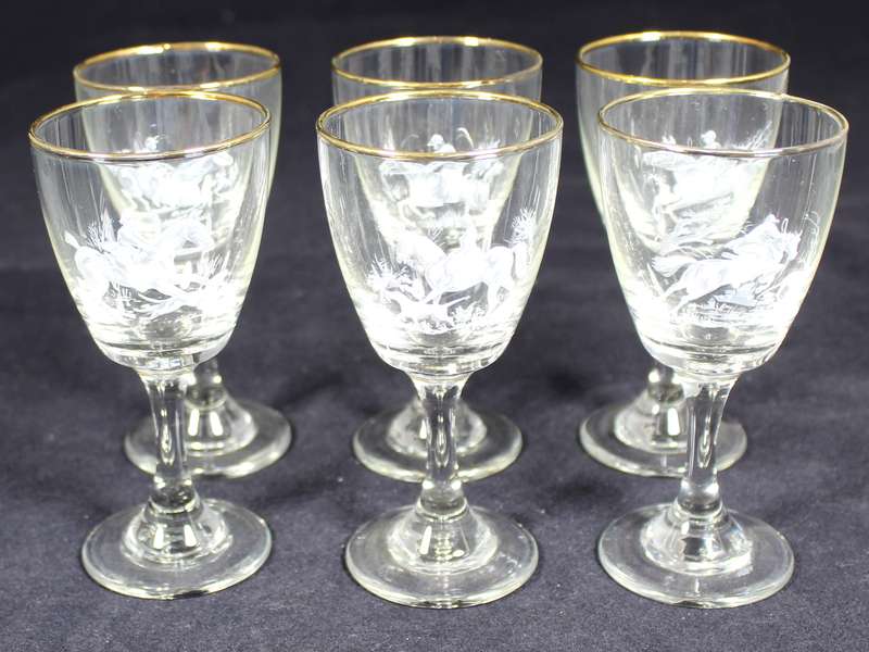 Set of six engraved, horse scene, gold rim aperitif glasses