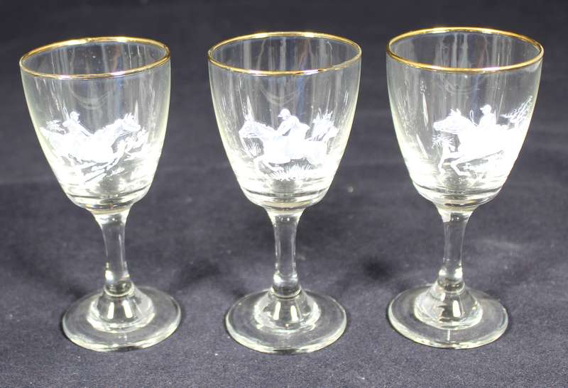Set of six engraved, horse scene, gold rim aperitif glasses