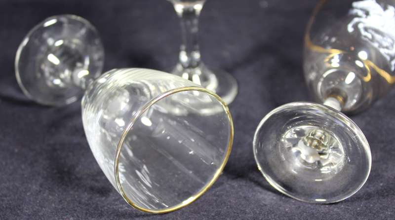 Set of six engraved, horse scene, gold rim aperitif glasses