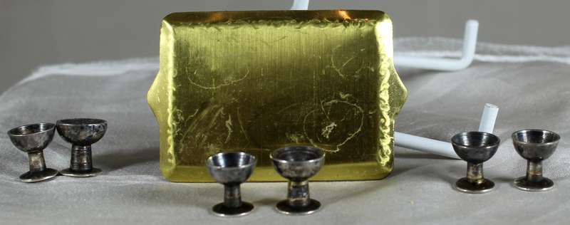 Miniature brass tray with glasses