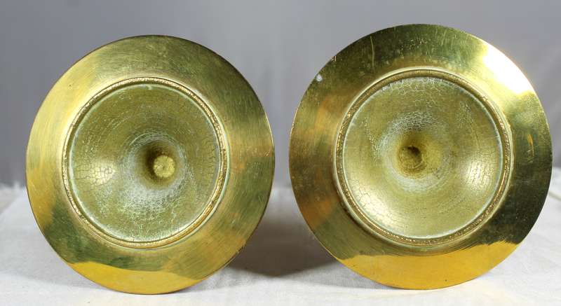 Vintage solid brass mid century graduated pair of candlestick holders with trumpet stems
