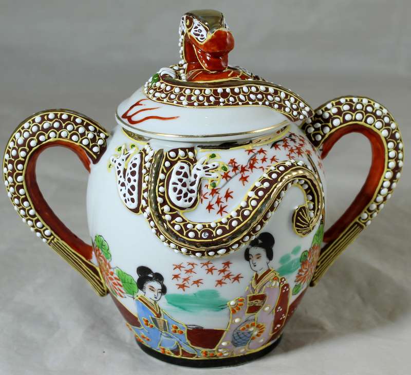 SWS porcelain - two handled lidded pot with embossed dragon