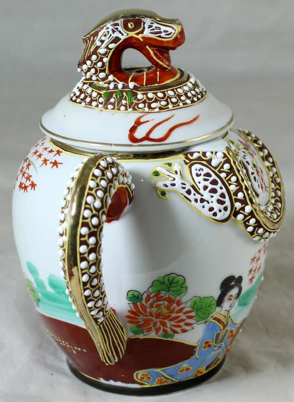 SWS porcelain - two handled lidded pot with embossed dragon