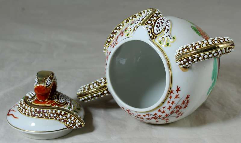 SWS porcelain - two handled lidded pot with embossed dragon