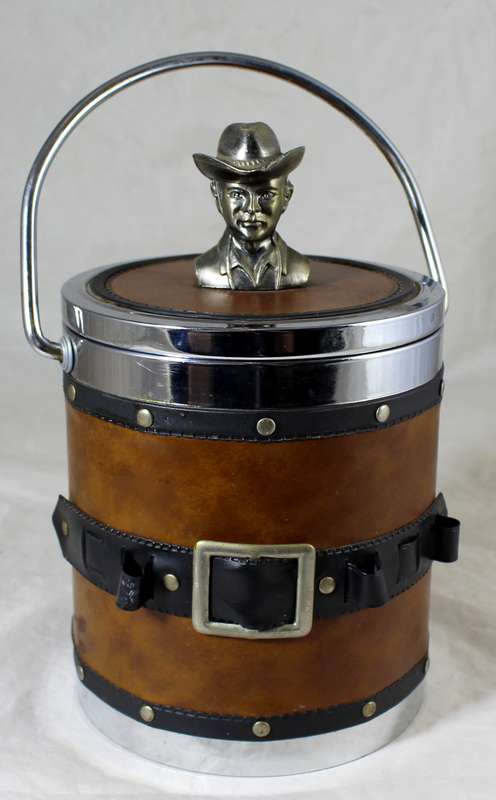 Metal cowboy with leather feel covered ice bucket