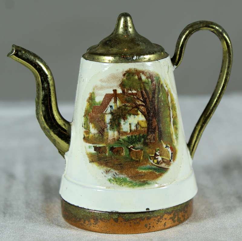 Miniature brass and porcelain kettle