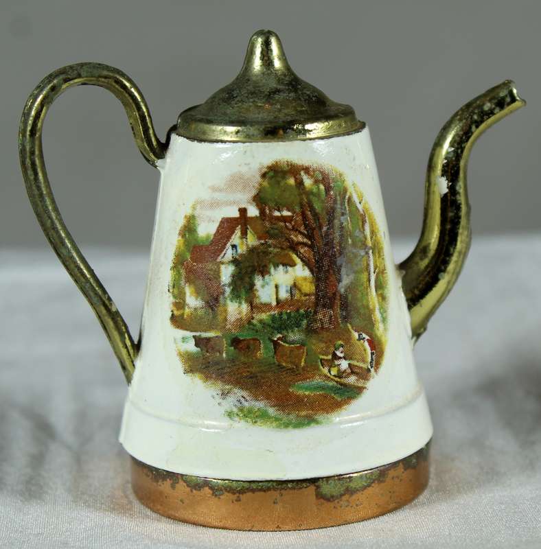 Miniature brass and porcelain kettle