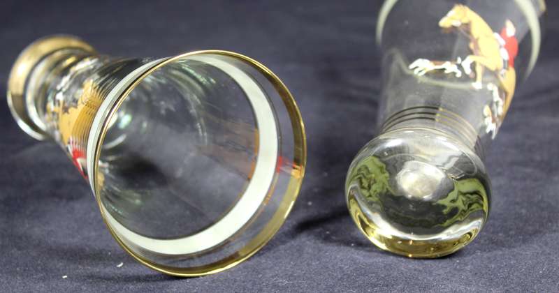 Pair of gold trim tall glasses with hunting scene
