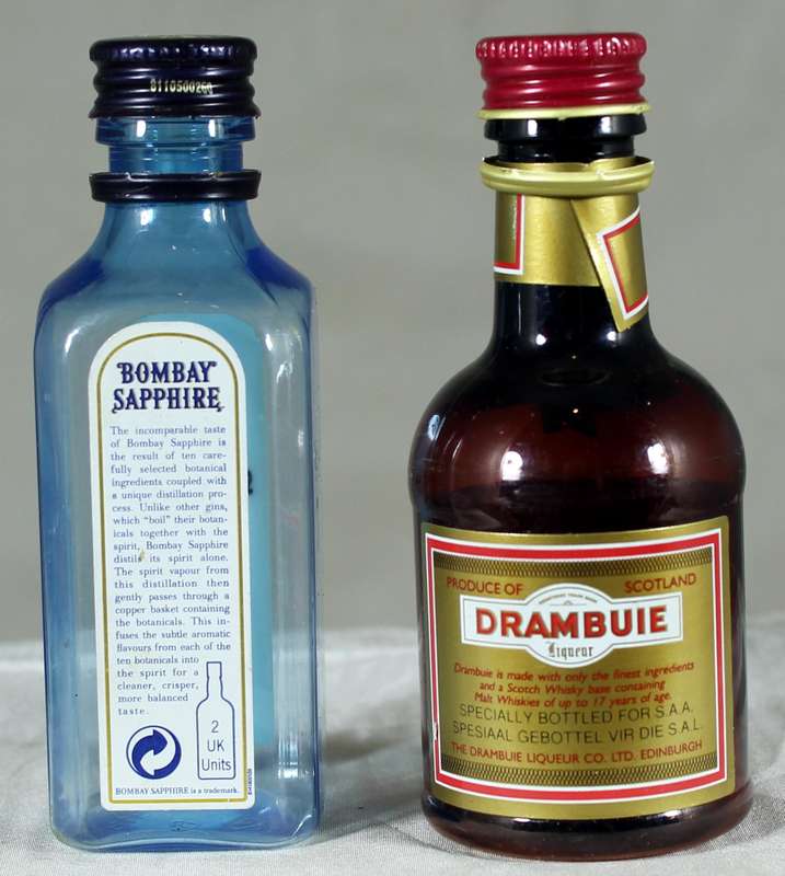 Mini liquor bottles - Plastic Drambuie & Bombay Sapphire