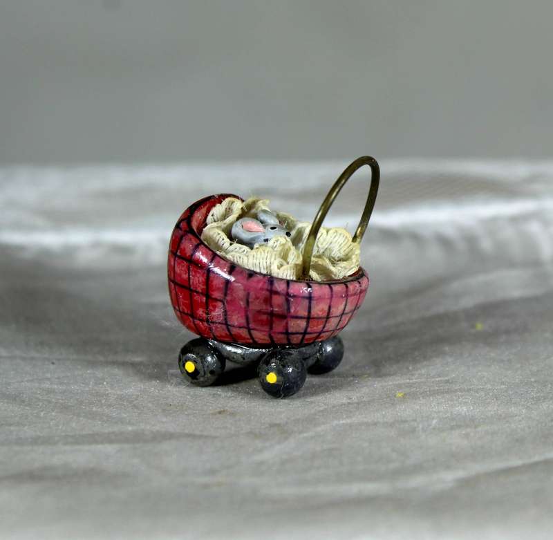 Mini miniature mouse in a stroller, by Fay