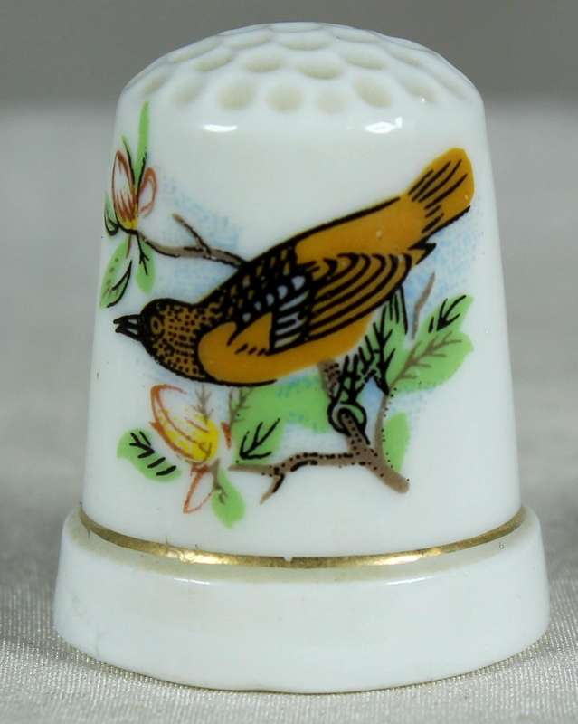 Bone China thimble - Orange bird on branch