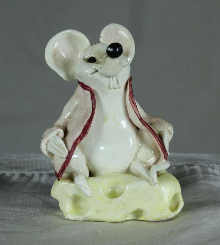 Small mouse on a slice of cheese - signed Karen