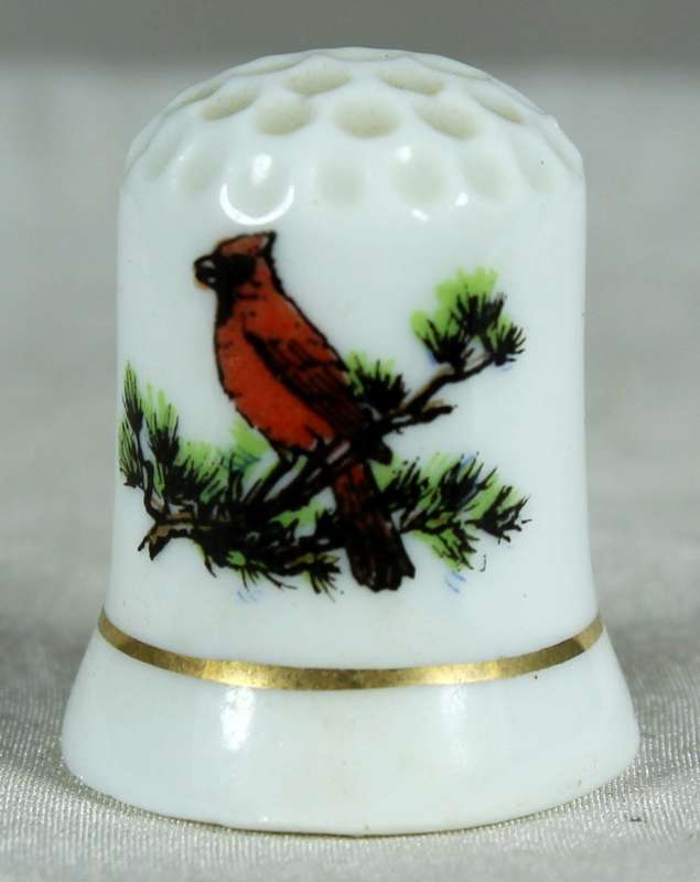 Bone China thimble -Red bird on a branch