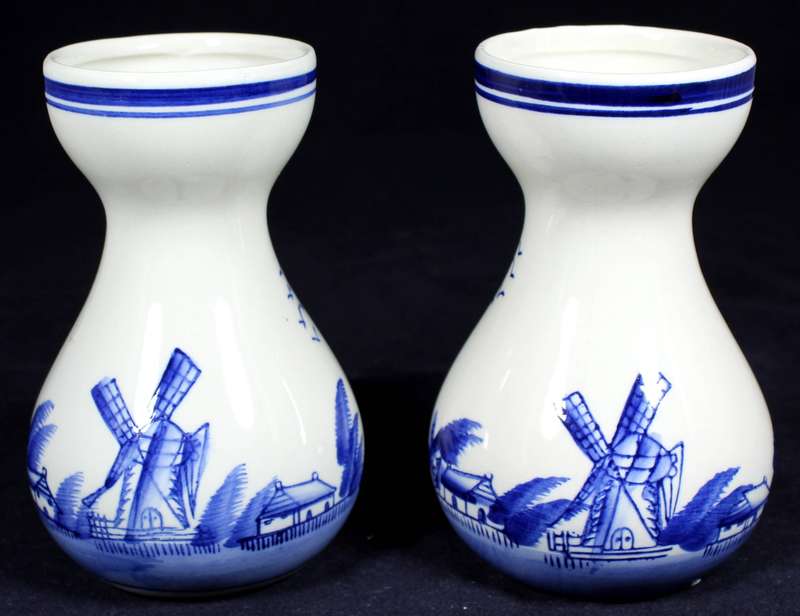 Pair of ceramic blue & white vases with Dutch scene