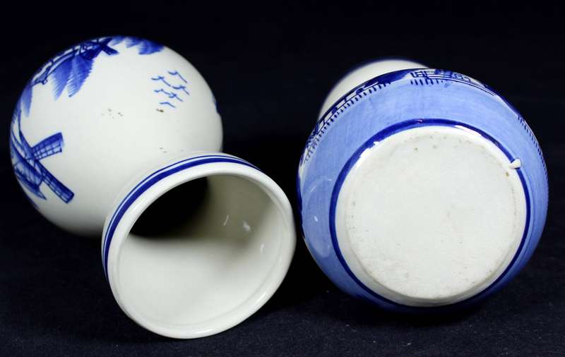 Pair of ceramic blue & white vases with Dutch scene