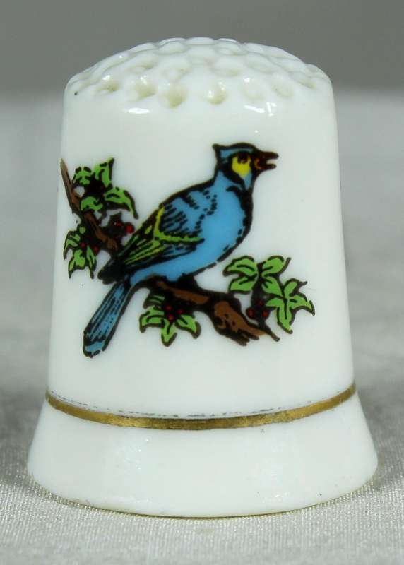 Bone China thimble - blue bird on branch
