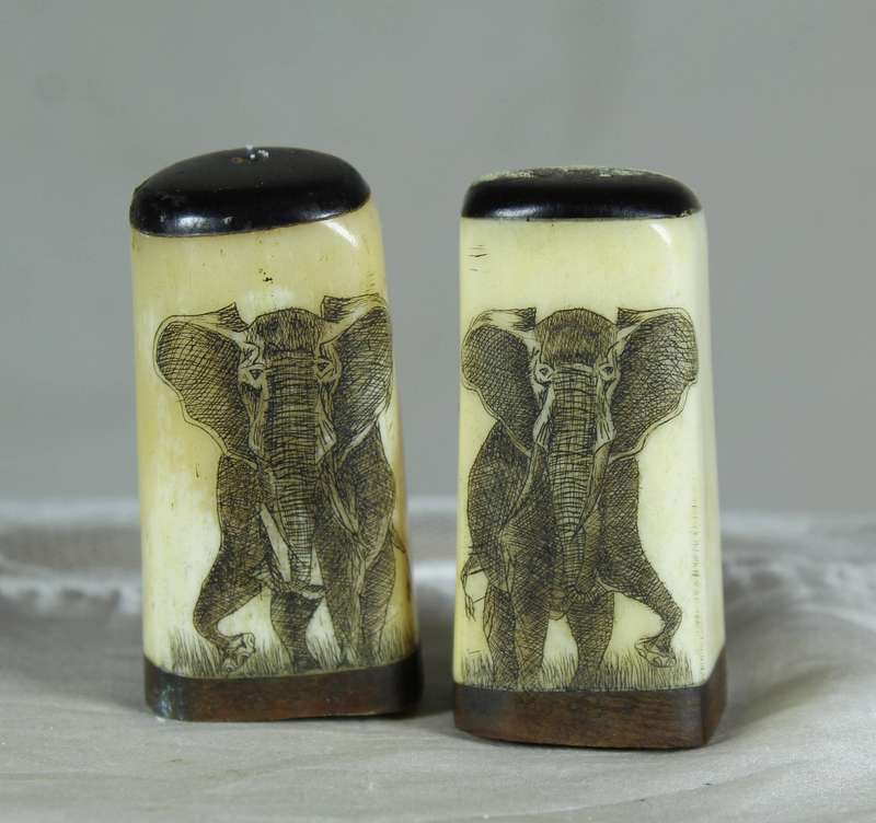 Bone salt & pepper set with engraved elephant motif
