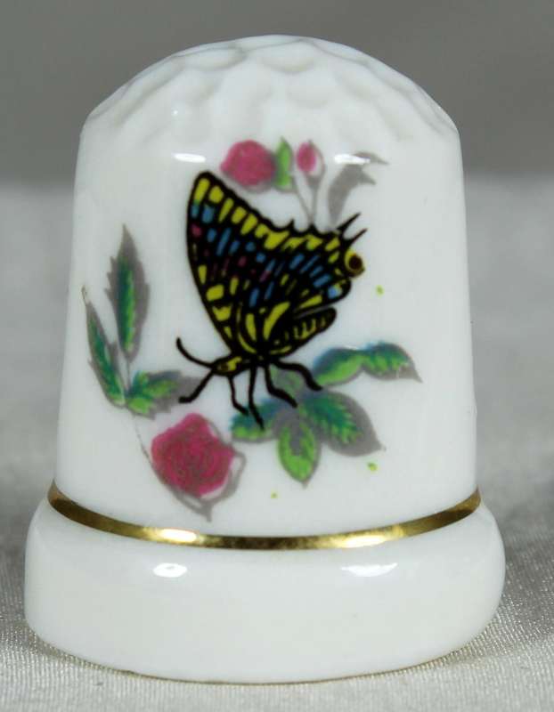 Bone China thimble - butterfly on pink flower