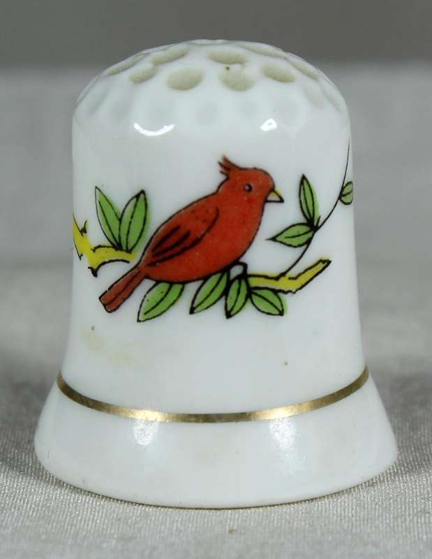 Bone China thimble - red bird on a branch