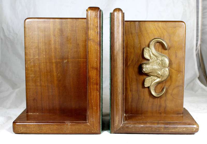 Pair of wooden bookends, one with a buffalo
