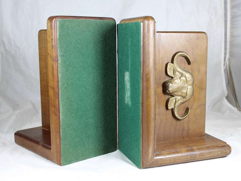 Pair of wooden bookends, one with a buffalo