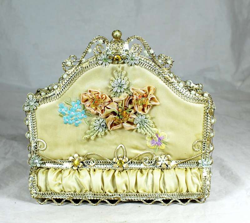 Letter / Serviette holder, satin covered with embossed flowers